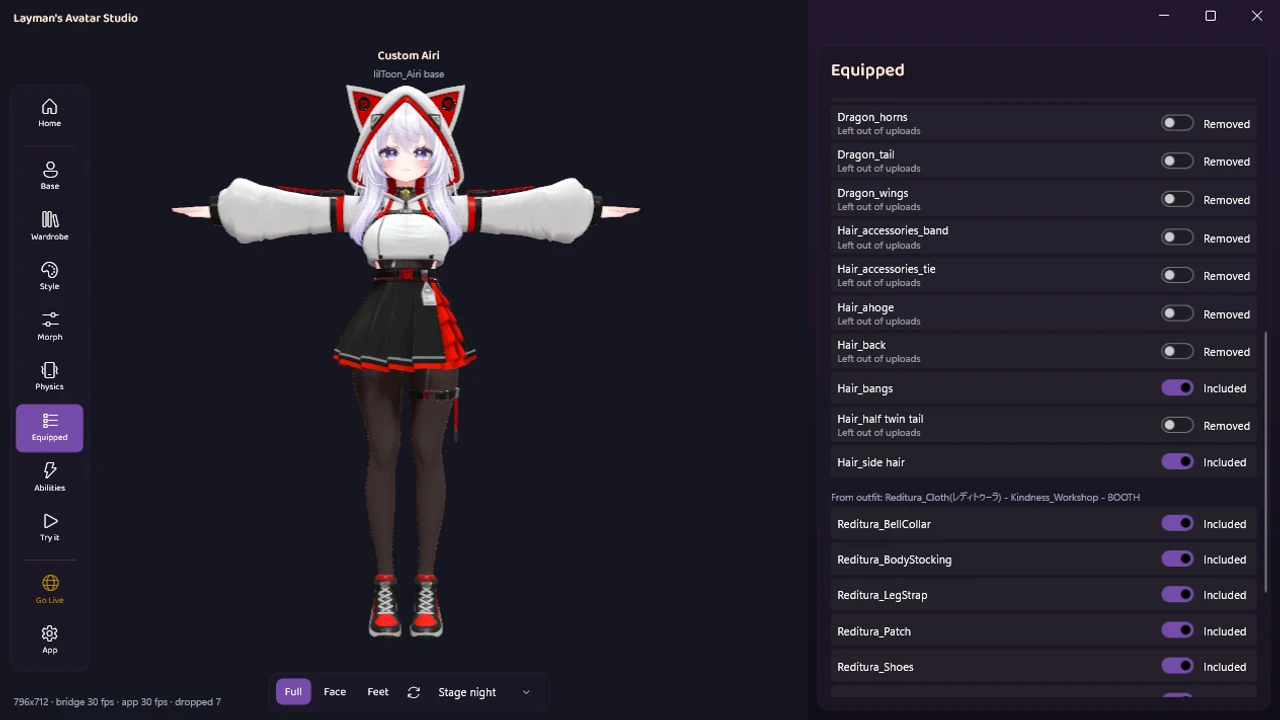 The Equipped panel in LAS listing outfit parts with their source shown as Reditura_Cloth from Kindness_Workshop on BOOTH