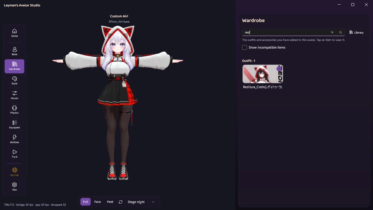 The purchased outfit worn by the avatar in the LAS viewport, one click after import