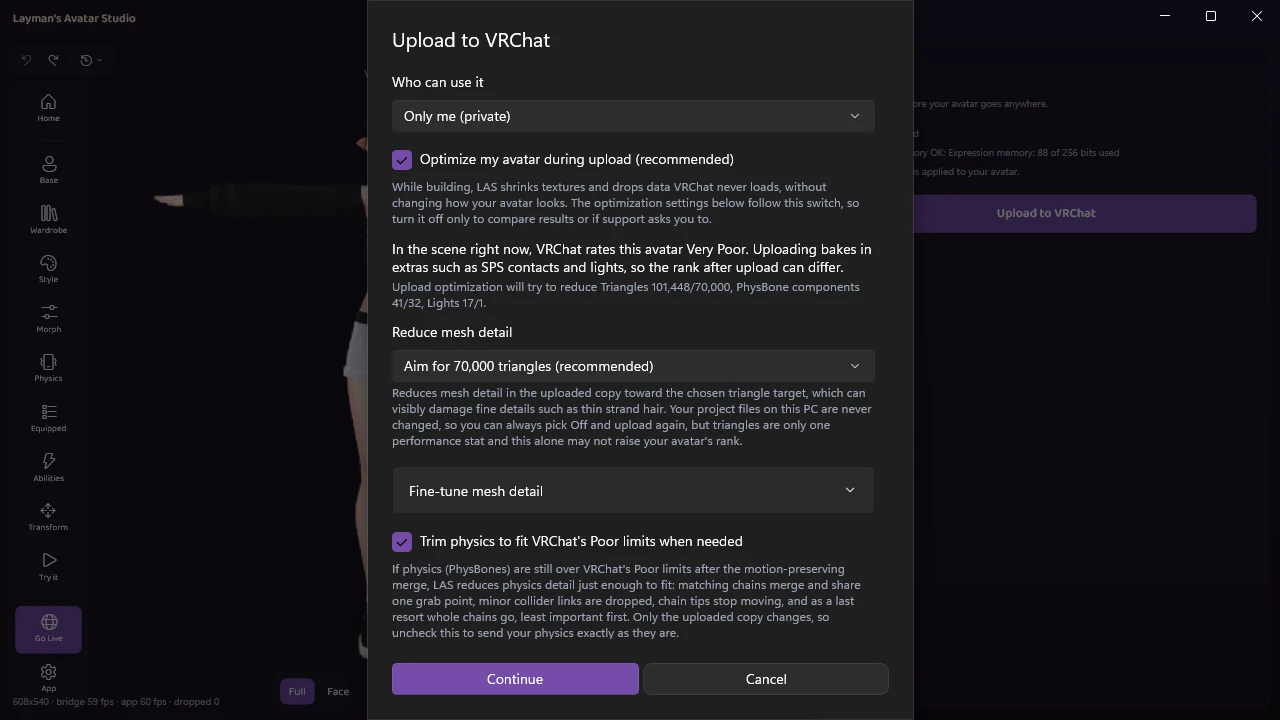 The upload settings with "Optimize my avatar during upload (recommended)" checked, Reduce mesh detail set to "Aim for 70,000 triangles (recommended)" with its explanation, and "Trim physics to fit VRChat's Poor limits when needed" checked