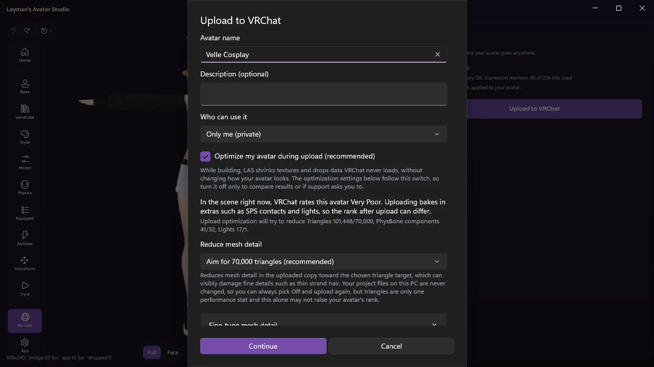 The Go Live upload step for Velle Cosplay saying VRChat rates the avatar Very Poor, listing Triangles 101,448/70,000, PhysBone components 41/32 and Lights 17/1 as the stats upload optimization will try to reduce