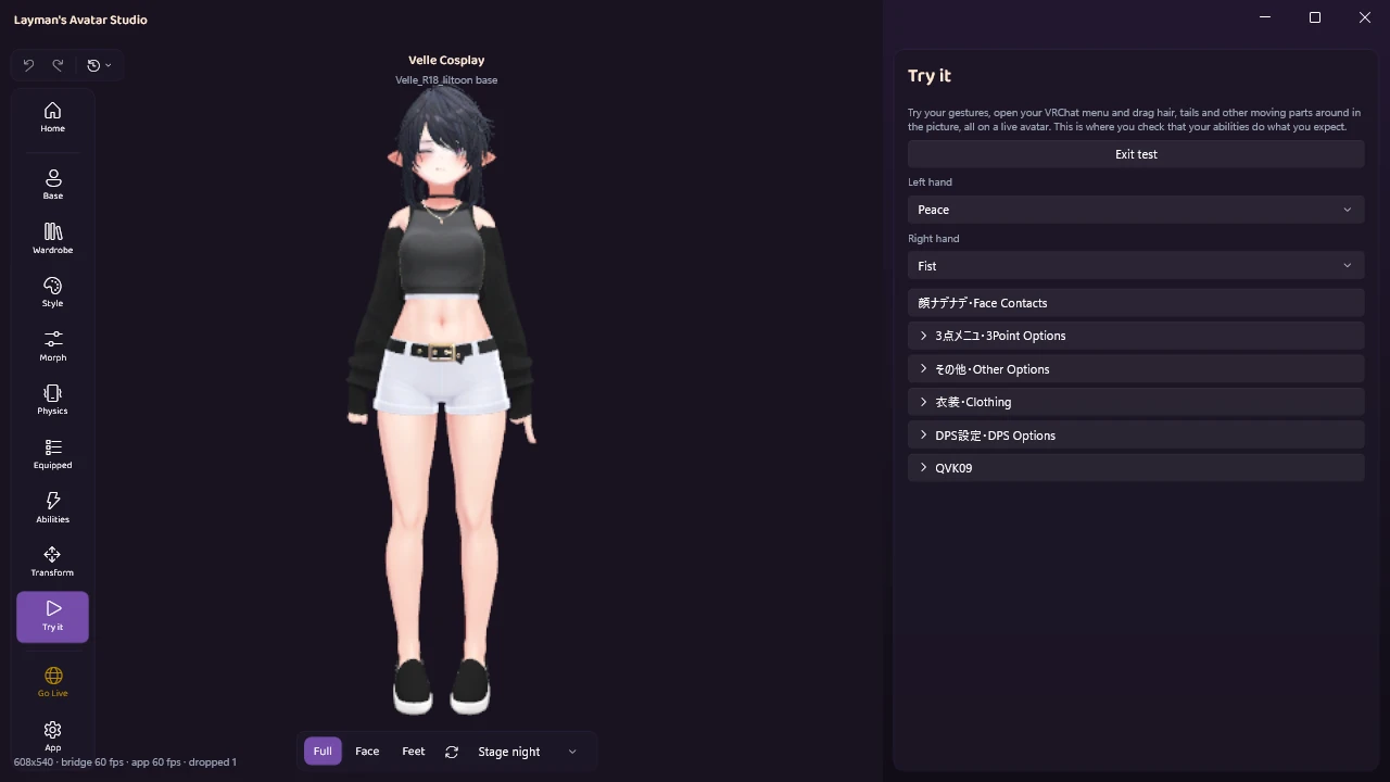 Try it running on Velle Cosplay, with Peace on the left hand, Fist on the right, and the avatar's own menu folders listed