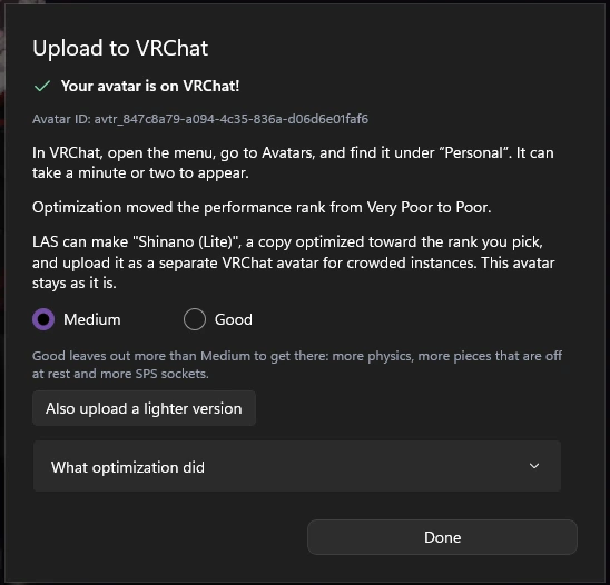 The upload window's last step: Your avatar is on VRChat!, the avatar ID, Optimization moved the performance rank from Very Poor to Poor, and the offer to also upload a lighter version