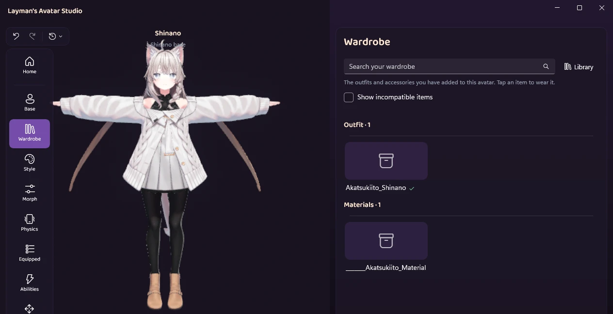 The Wardrobe with the Akatsukiito_Shinano card under Outfit and the material pack under Materials, Shinano still in her default clothes