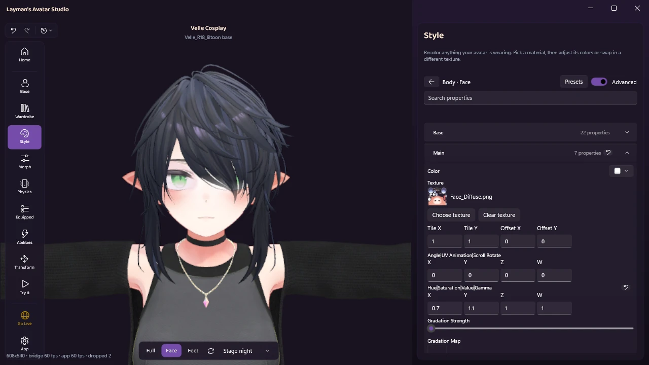 The same view with the hue value at 0.7 and the avatar's eyes now green