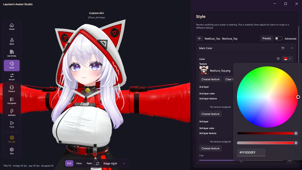 The LAS Style panel recoloring an outfit top bright red with a color wheel, live in the viewport